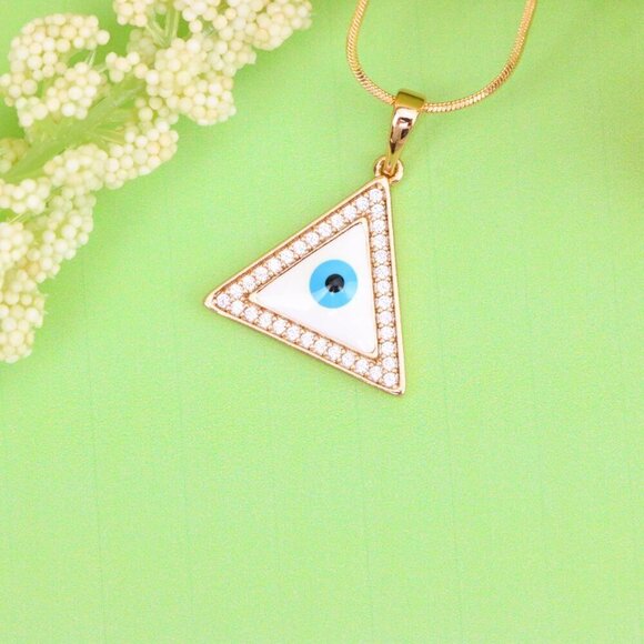 "Triangle Evil Eye Rose Gold Pendant with Cubic Zirconia Border, XPPT1474 - Picture 4 of 13